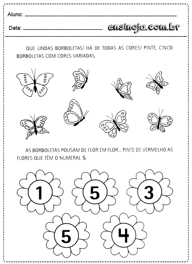 Atividade de colorir borboletas e flores com números.