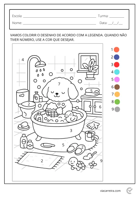 Desenho de um cachorro tomando banho em uma banheira, com brinquedos e itens de higiene ao redor.