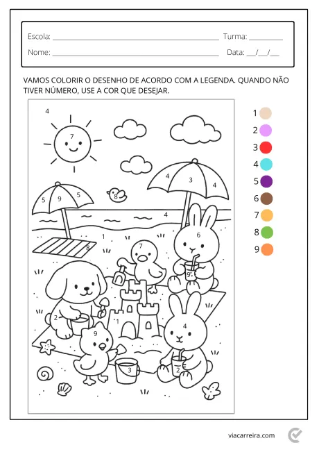 Desenho para colorir com coelhos, um cachorro, um pato e um sol, com elementos de praia.