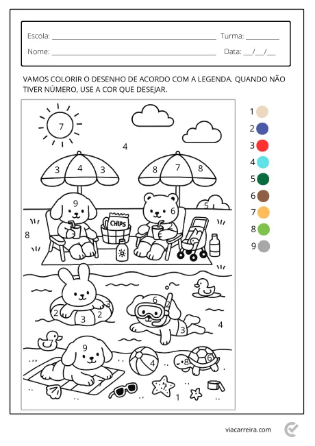 Desenho para colorir com cães e um coelho na praia, com guarda-sóis e brinquedos.