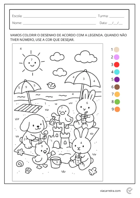 Desenho para colorir com coelhos, um cachorro, um pato e um sol, com elementos de praia.