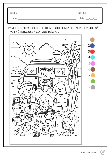 Desenho para colorir com cães na praia, incluindo um carro, pranchas de surf e brinquedos.