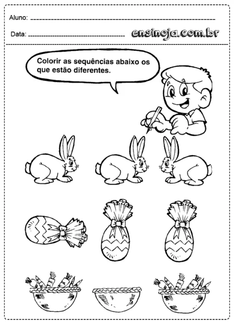 Atividade de colorir com coelhos e cestas de Páscoa.