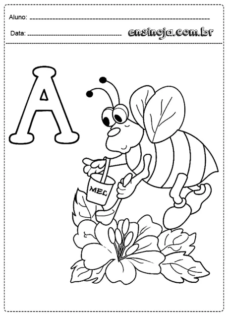 Desenho de uma abelha regando uma flor com a letra A ao lado.
