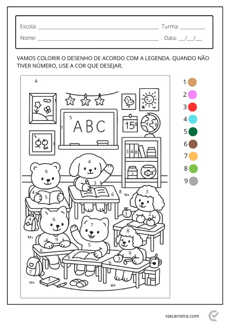 Desenho para colorir com ursos em uma sala de aula, com números e cores indicadas.
