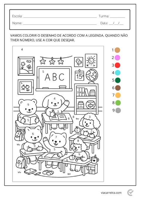 Desenho para colorir com ursos em uma sala de aula, com números e cores indicadas.
