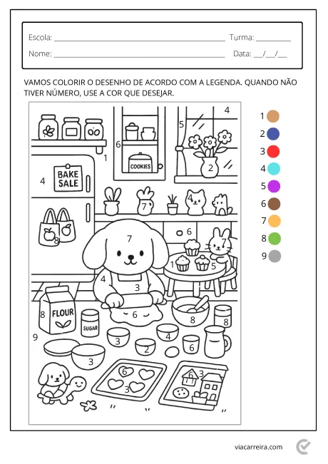 Desenho para colorir de uma cozinha com um cachorro e itens de confeitaria.