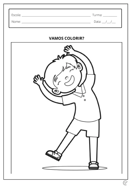 Desenho de uma criança sorridente levantando os braços, pronto para colorir.