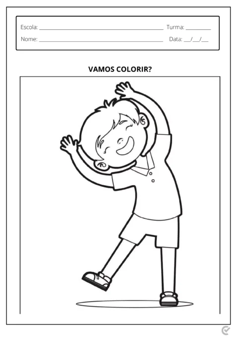 Desenho de uma criança sorridente levantando os braços, pronto para colorir.