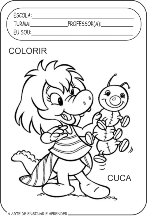 Desenho para colorir da personagem Cuca segurando um inseto.