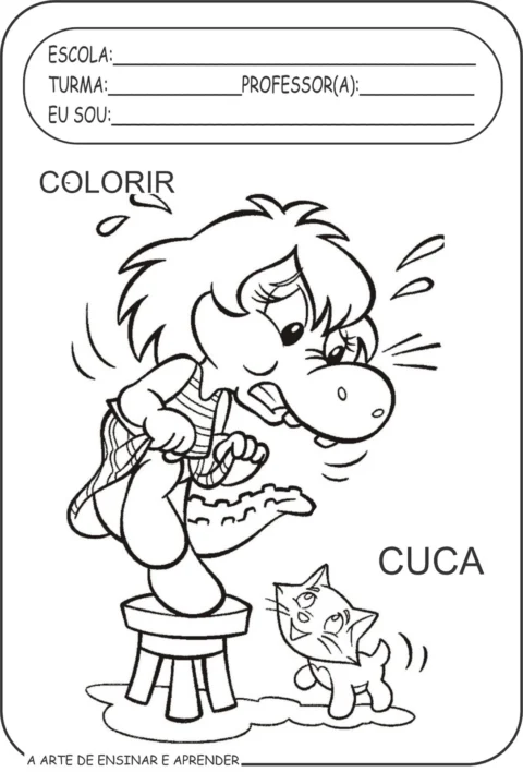 Desenho para colorir de uma personagem com aparência de jacaré e um gato.