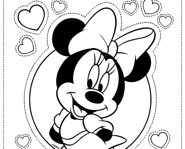 Desenho da Minnie Mouse em um fundo com corações.