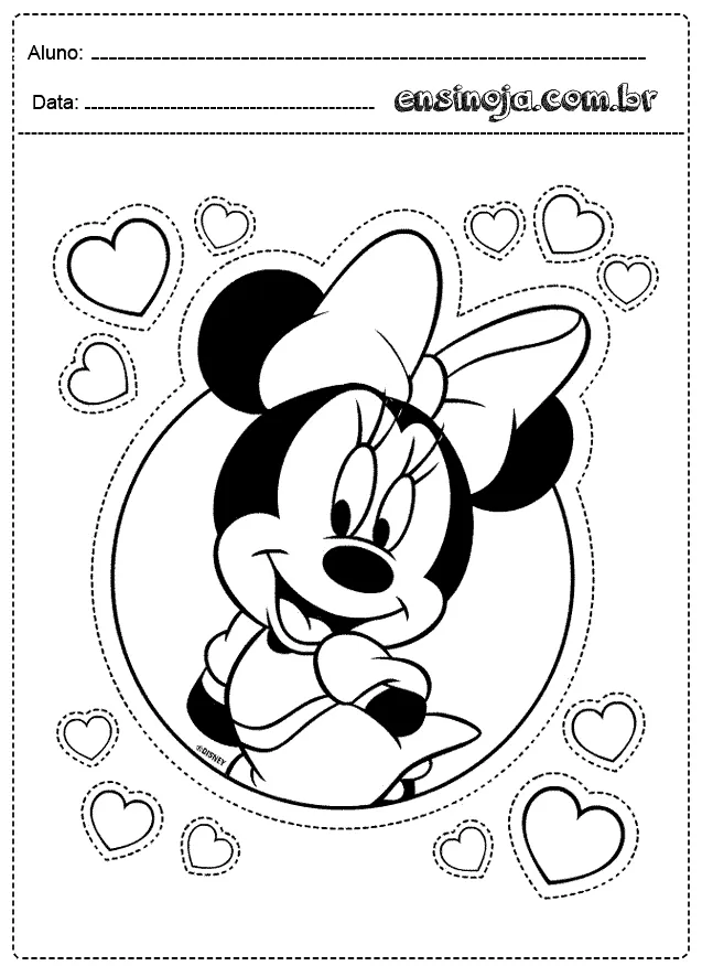 Desenho da Minnie Mouse em um fundo com corações.