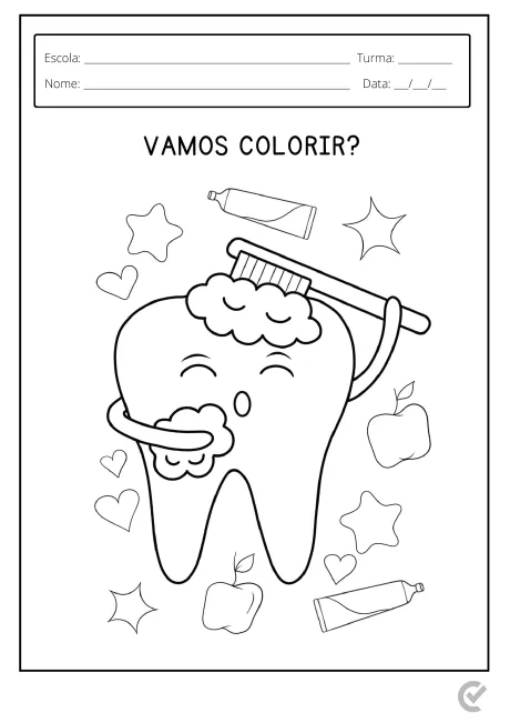 Desenho de um dente sorridente escovando os dentes com uma escova, cercado por estrelas e maçãs.