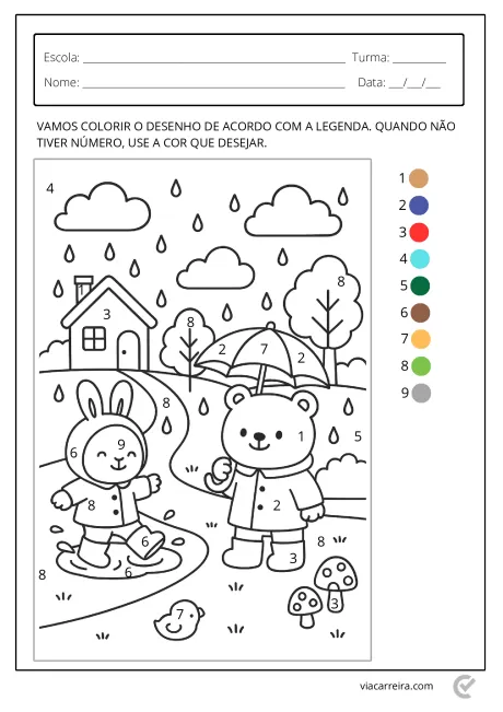 Desenho para colorir com coelho e urso sob chuva, com números e legenda de cores.