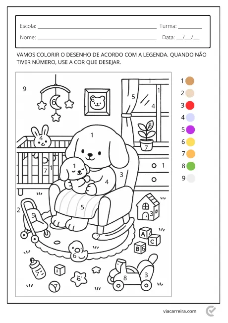 Desenho para colorir com um cachorro segurando um bebê, brinquedos e uma decoração de quarto infantil.