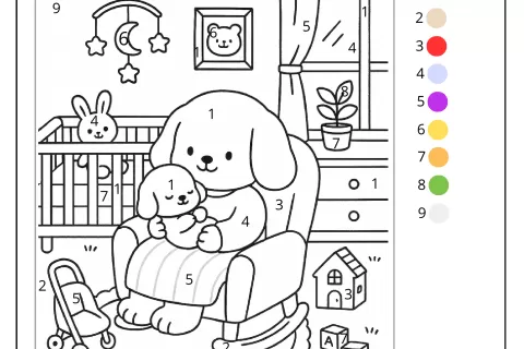 Desenho para colorir com um cachorro segurando um bebê, brinquedos e uma decoração de quarto infantil.