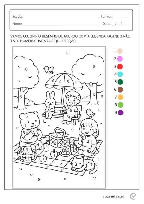 Desenho para colorir de um piquenique com crianças, animais e uma sombrinha.
