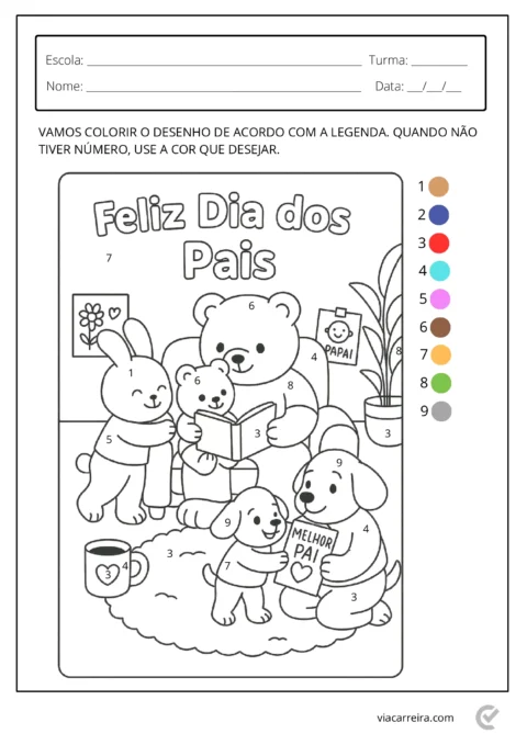 Desenho para colorir com animais e a frase 'Feliz Dia dos Pais'