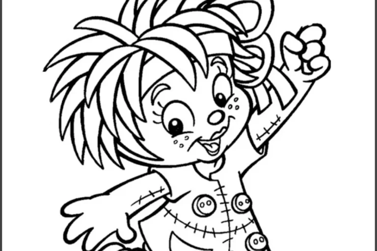 Desenho para colorir da personagem Emília, com espaço para informações escolares.