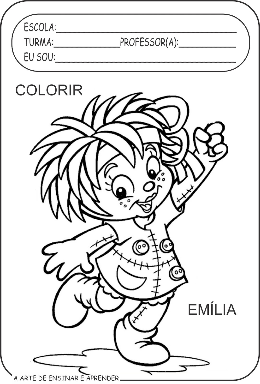 Desenho para colorir da personagem Emília, com espaço para informações escolares.