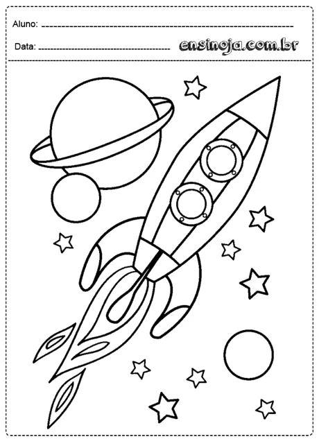 Desenho de uma foguete e planetas para colorir