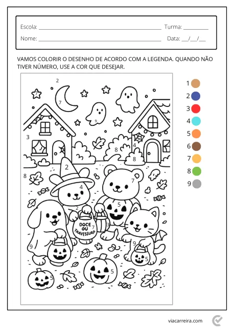 Desenho para colorir com animais, abóboras e fantasmas em um cenário de Halloween.