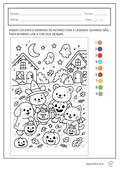 Desenho para colorir com animais, abóboras e fantasmas em um cenário de Halloween.
