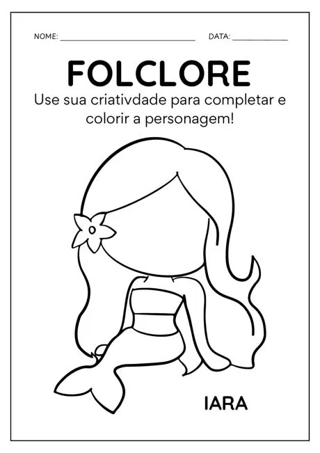 Desenho para colorir da personagem Iara do folclore brasileiro.