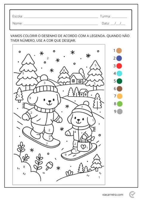 Desenho para colorir com dois cães em um cenário de inverno, com árvores e uma casa.