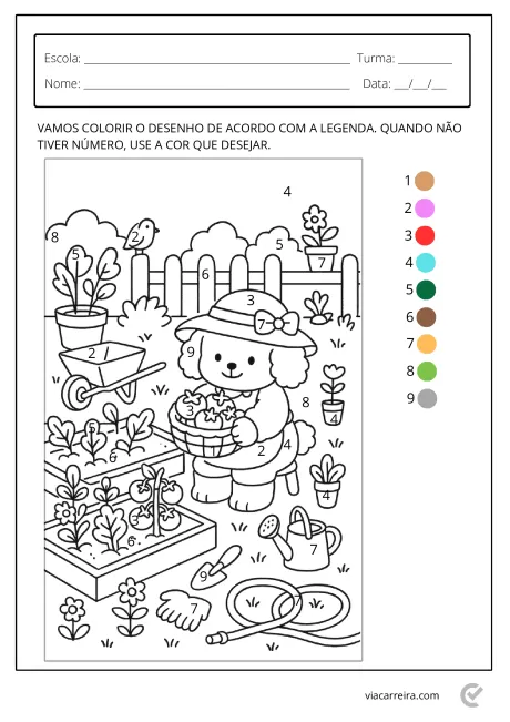 Desenho de um cachorro com chapéu em um jardim, rodeado por flores e ferramentas de jardinagem.