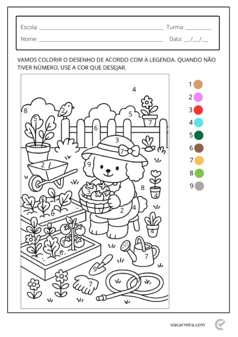 Desenho de um cachorro com chapéu em um jardim, rodeado por flores e ferramentas de jardinagem.
