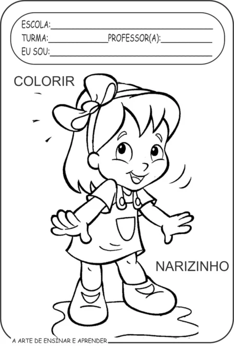 Desenho para colorir de uma menina sorridente com um vestido e um laço no cabelo.