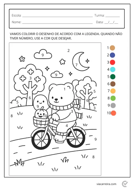 Desenho de um urso de bicicleta com um pinguim, rodeado por árvores e uma lua.