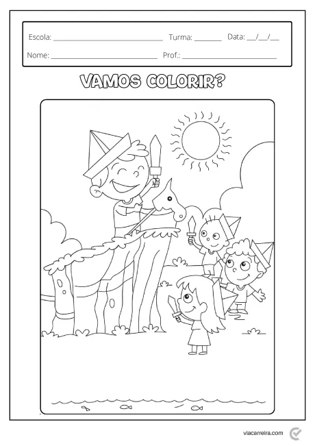 Desenho para colorir de crianças se divertindo com um cavalo em um dia ensolarado.