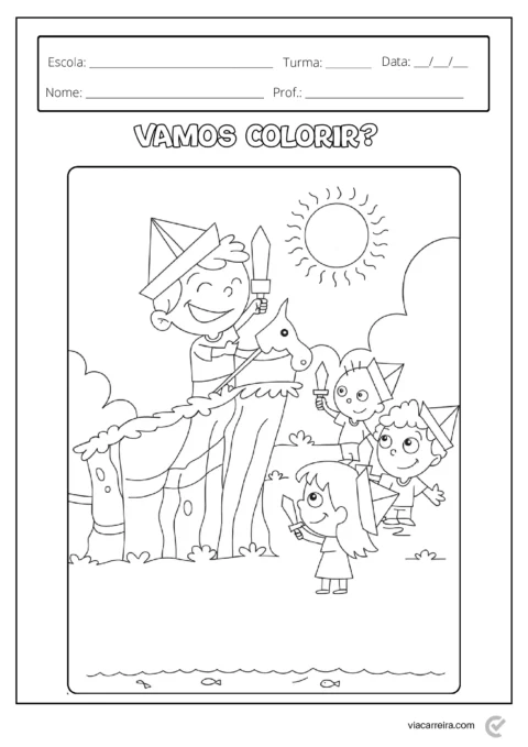 Desenho para colorir de crianças se divertindo com um cavalo em um dia ensolarado.