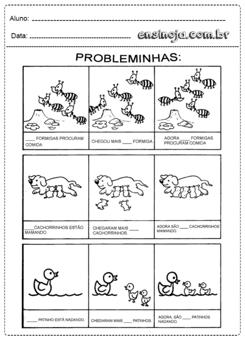 Atividade de completar frases com desenhos de formigas, cachorrinhos e patinhos.