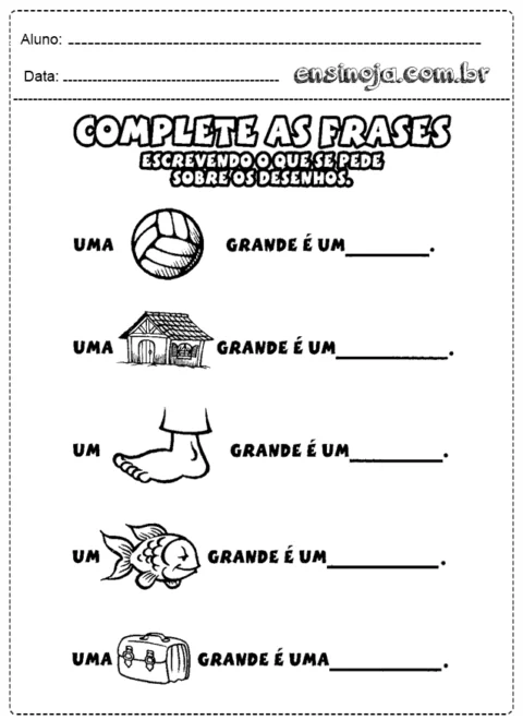 Atividade de completar frases com desenhos de objetos e animais.