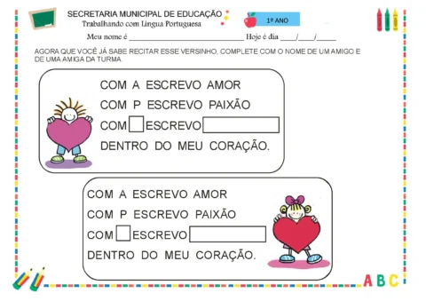 Atividade de Língua Portuguesa para o 1º ano com espaço para completar nomes.