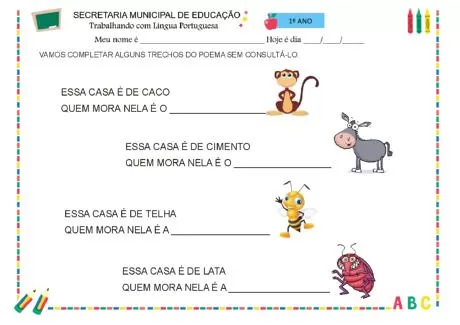 Atividade de completar trechos de um poema com ilustrações de animais.