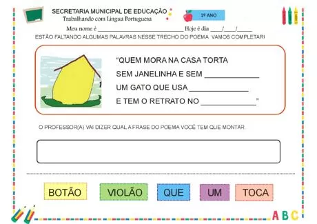 Atividade de completar poema para crianças do 1º ano com ilustração de uma casa torta.