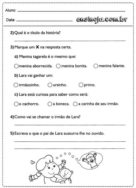 Atividade escolar com perguntas sobre uma história, incluindo opções de resposta e espaço para escrita.