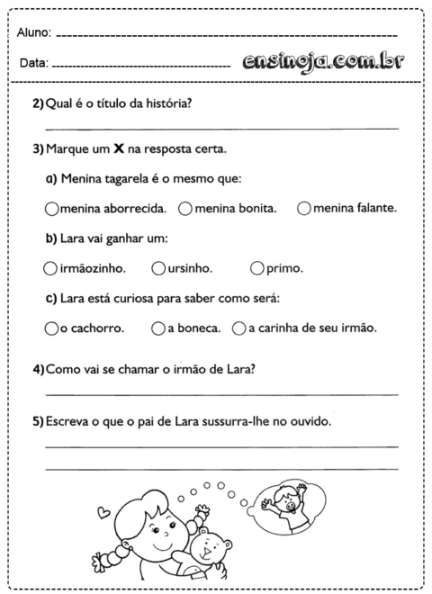 Atividade escolar com perguntas sobre uma história, incluindo opções de resposta e espaço para escrita.