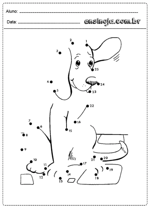 Desenho de um cachorro com números para conectar e colorir.