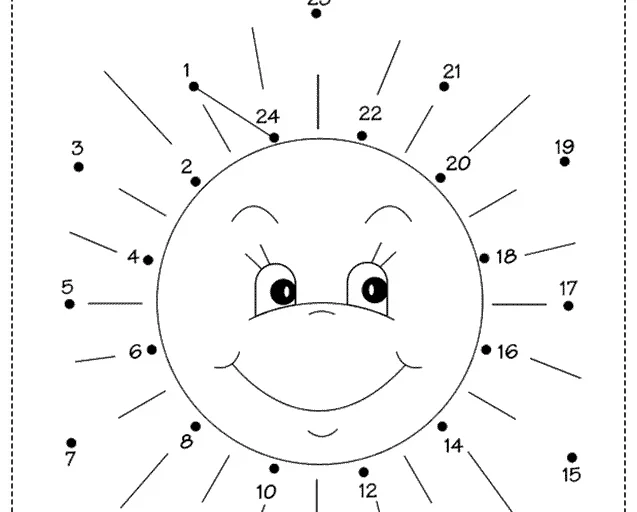 Desenho de um sol sorridente com números ao redor para conectar.