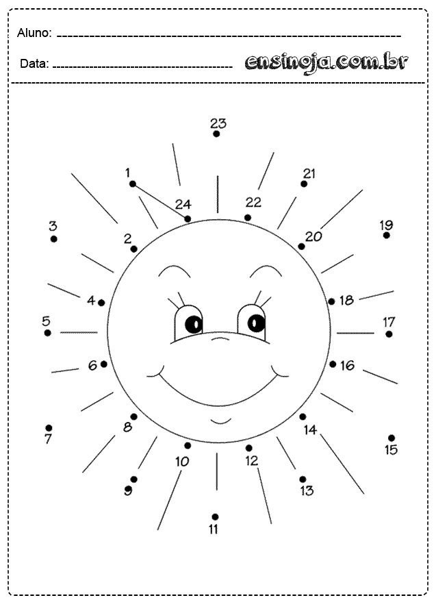 Desenho de um sol sorridente com números ao redor para conectar.