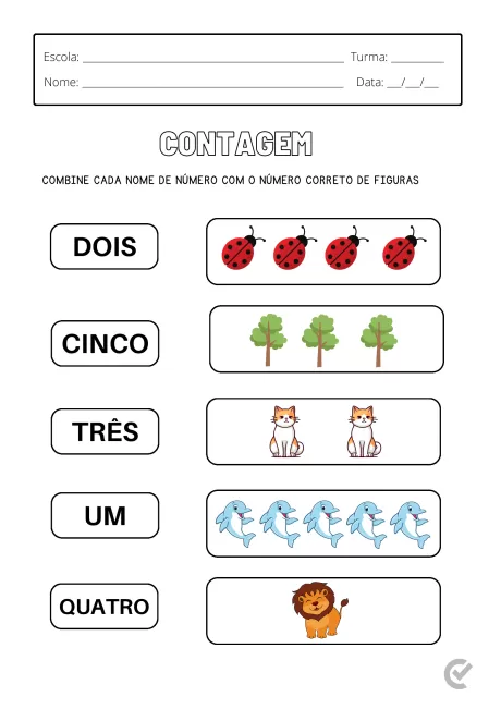 Atividade educacional com figuras de joaninhas, árvores, gatos, golfinhos e um leão para contagem.