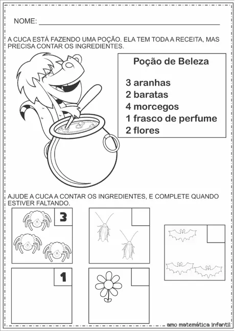 Cuca fazendo uma poção com ingredientes listados.