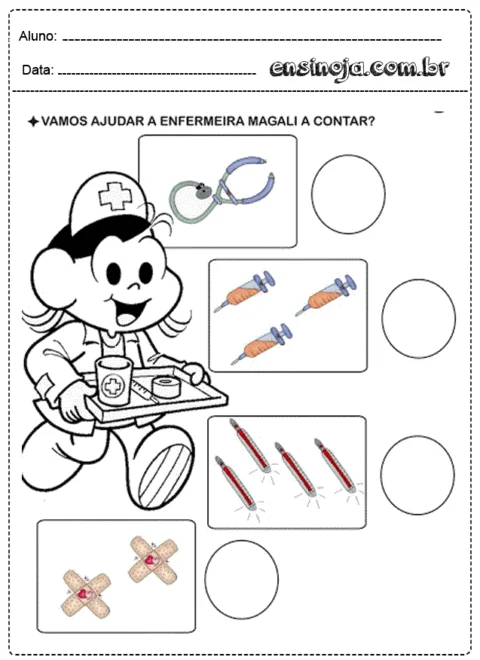 Atividade de contagem com a enfermeira Magali, incluindo objetos médicos.