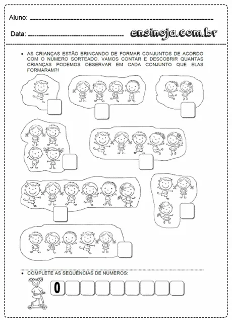 Atividade de contagem com crianças desenhadas formando conjuntos.